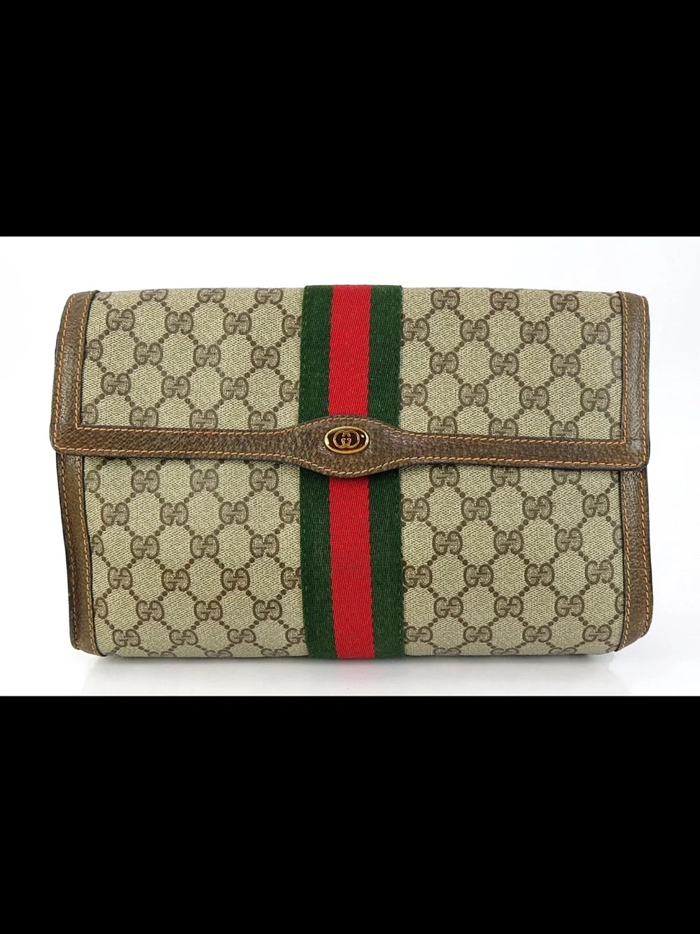 Gucci Monogram Clutch with Signature Green and Red Web Stripe